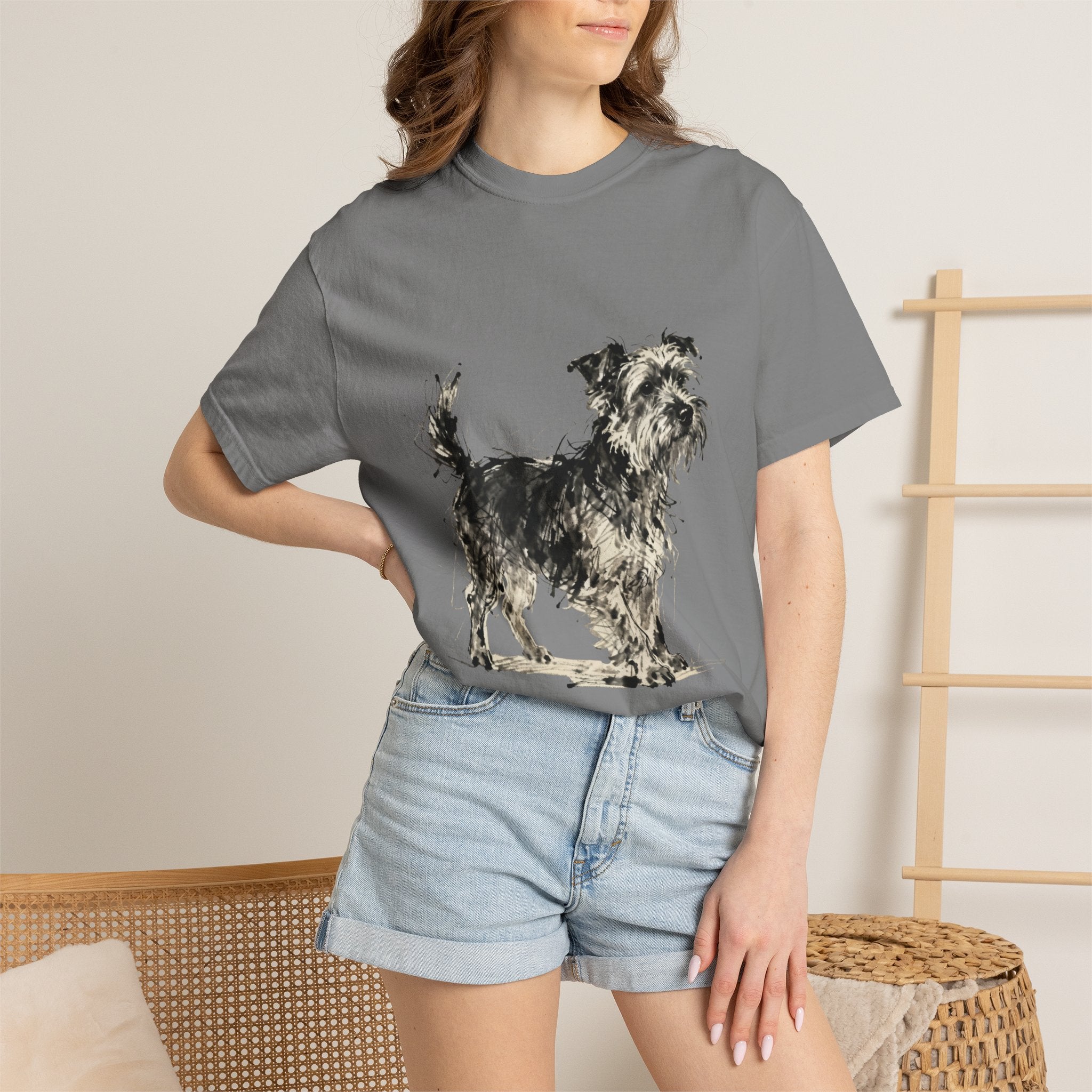 Wire-Haired Terrier Sketch T-Shirt — Monochrome Watercolor Dog Portrait