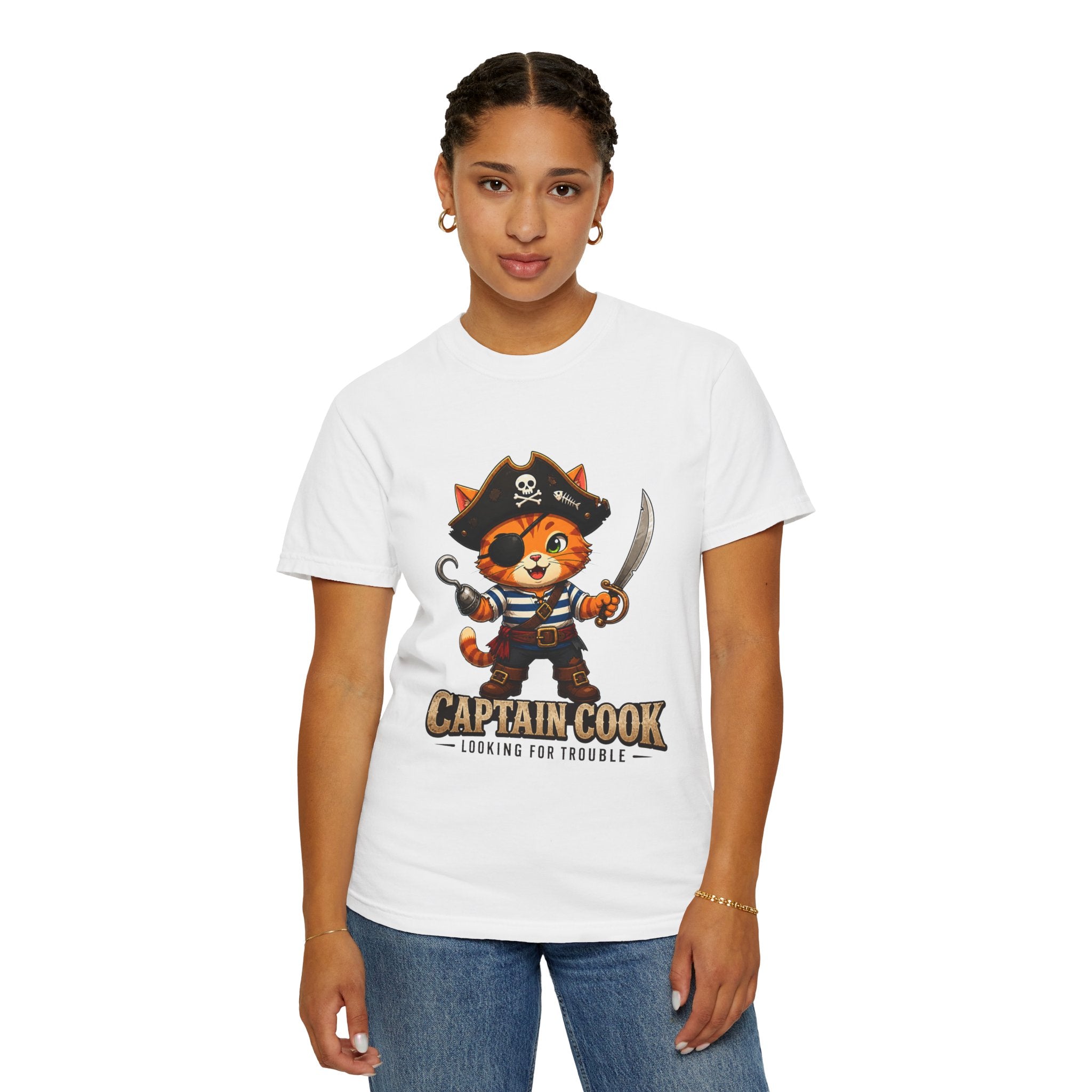 Captain Cook Pirate Cat T-Shirt — "Captain Cook: Looking for Trouble"