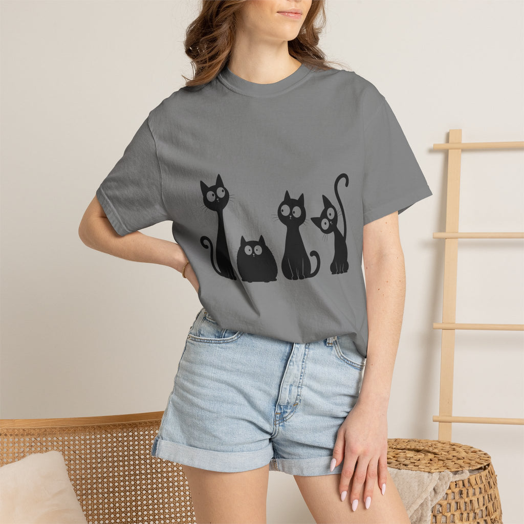 Funny Quirky Black Cats T-Shirt — Minimal Silhouette Cartoon Cat Tee