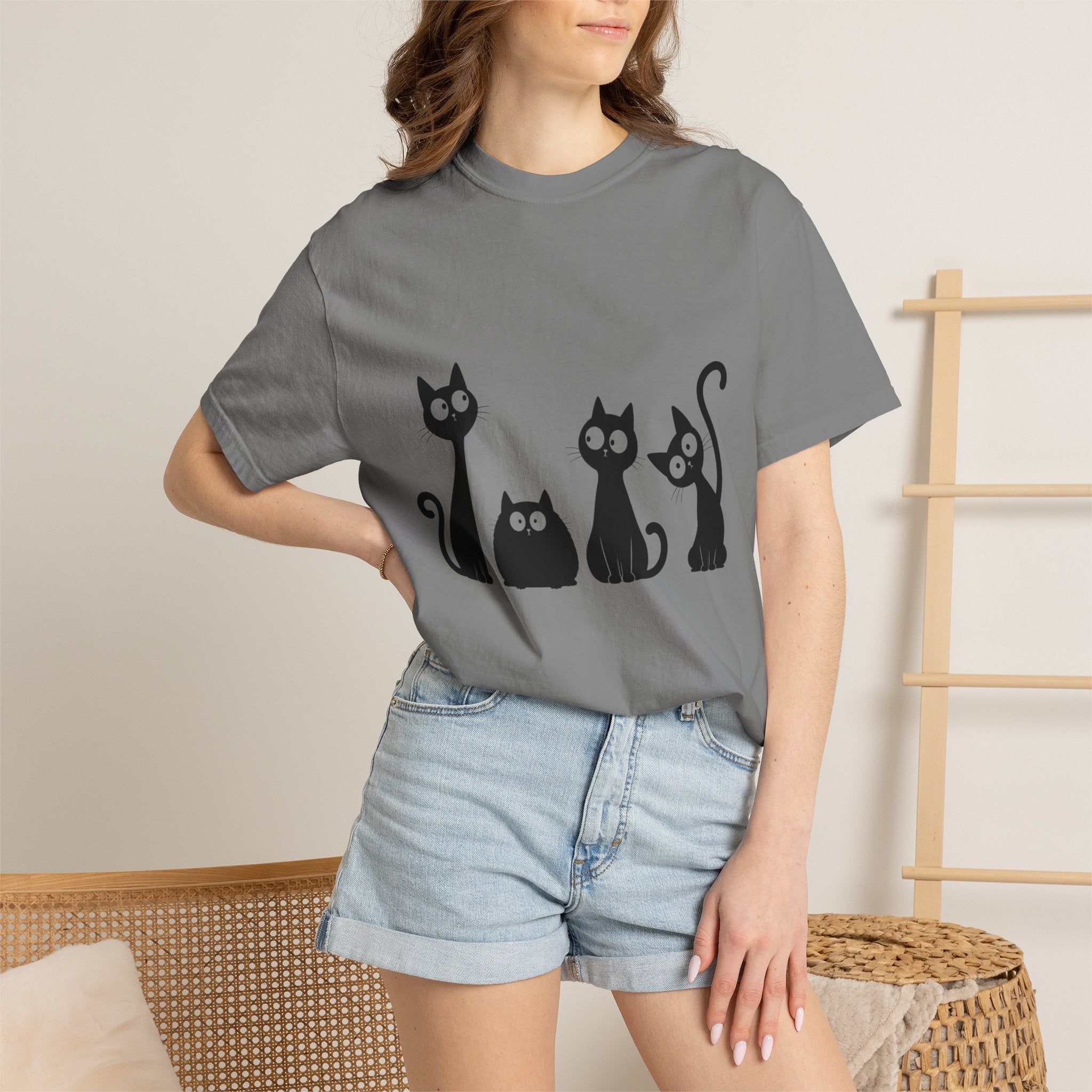 Funny Quirky Black Cats T-Shirt — Minimal Silhouette Cartoon Cat Tee