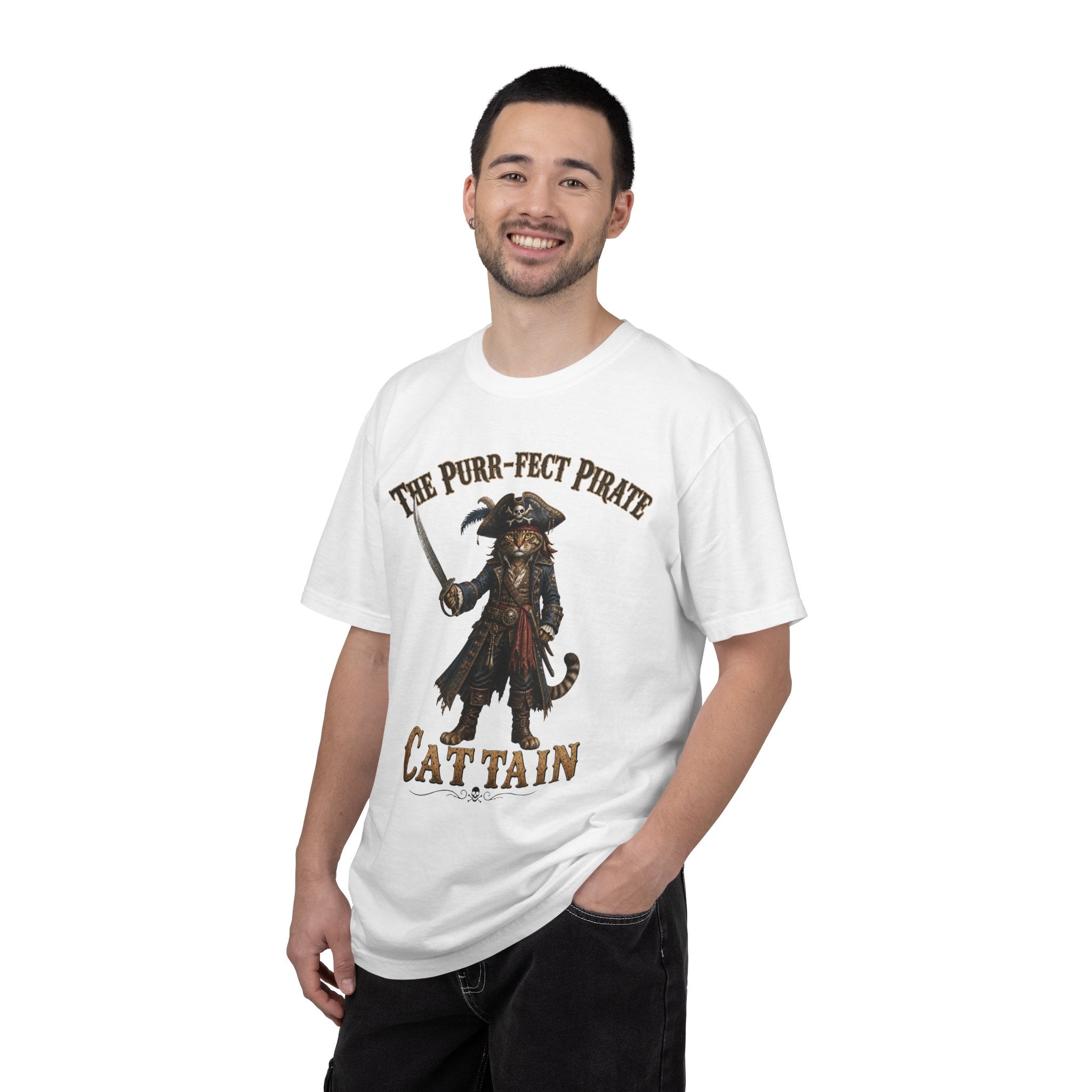 The Purr-fect Pirate Cattain T-Shirt — Tabby Cat Ship Captain Graphic