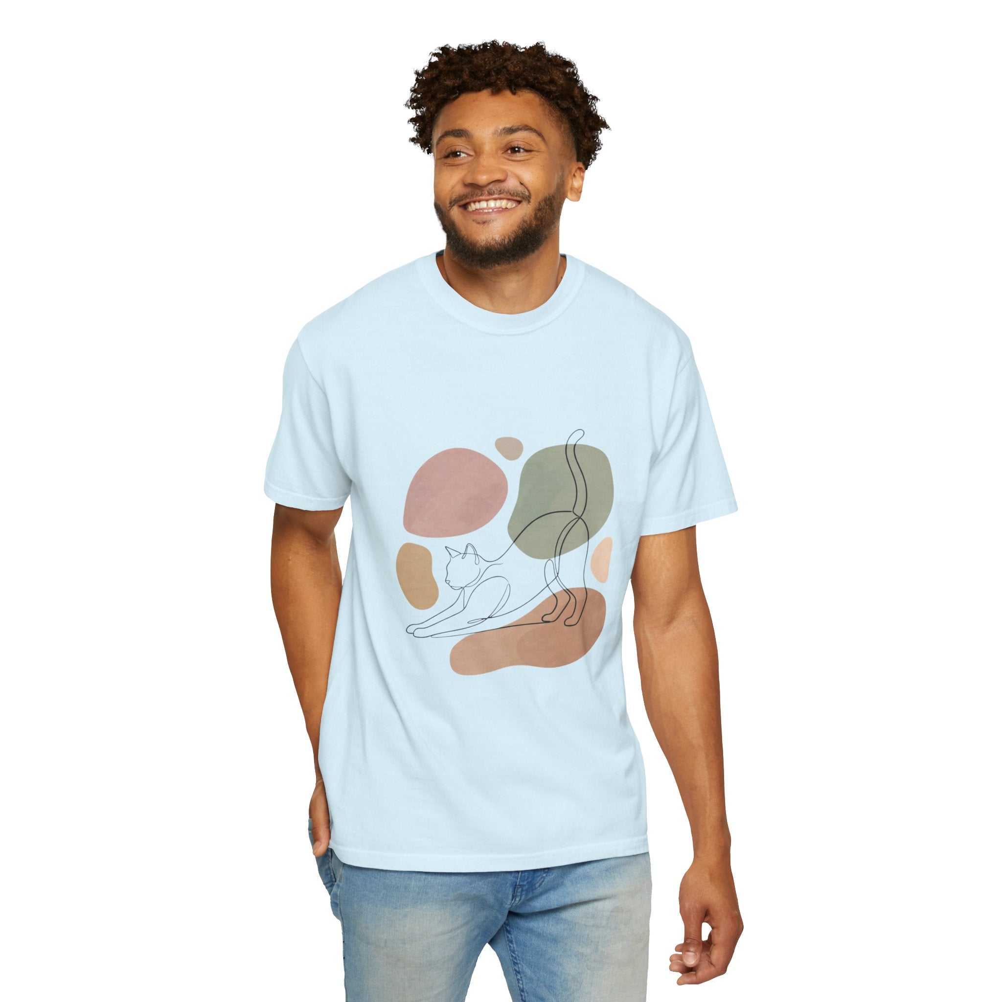 Cat Stretch Line Art T-Shirt — Minimal Boho Scandinavian Pet Graphic