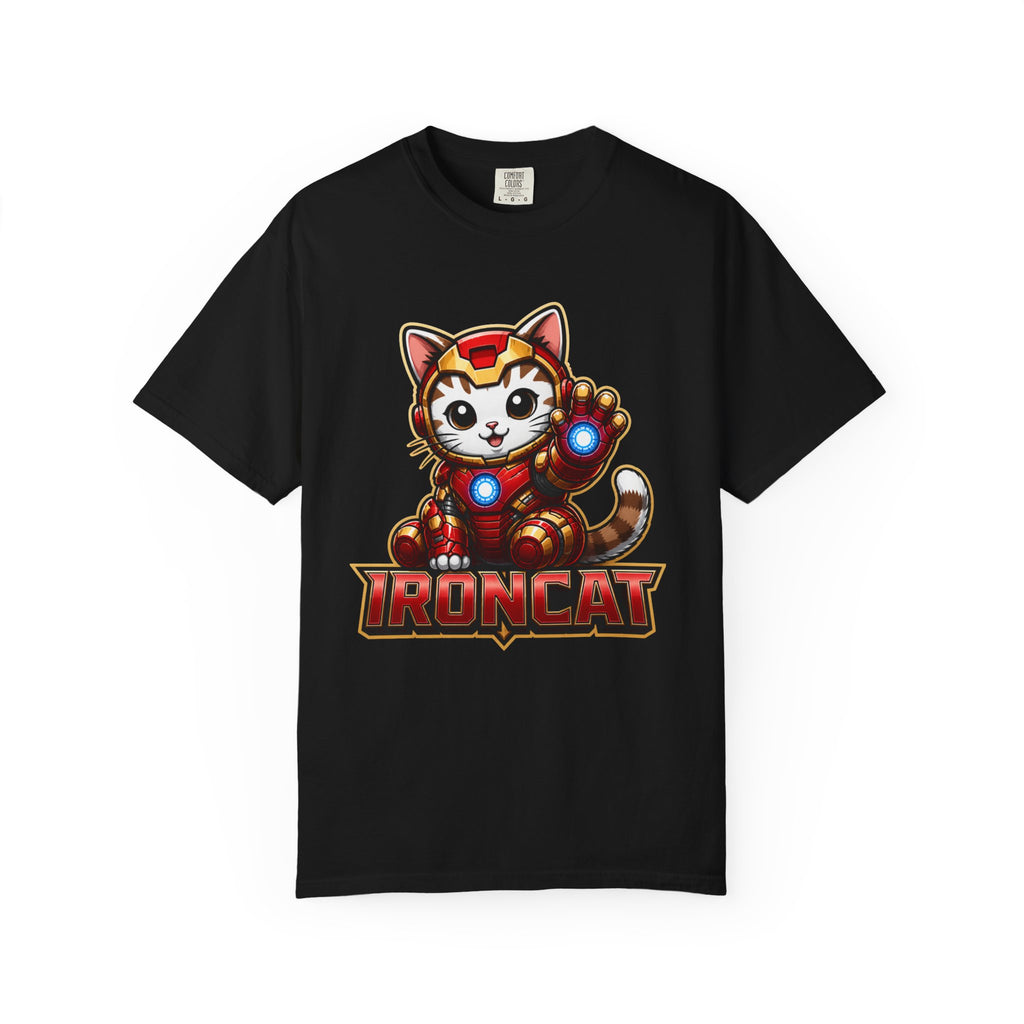 IRONCAT Tabby Kitten Graphic T-Shirt — Cute Chibi Superhero Tee