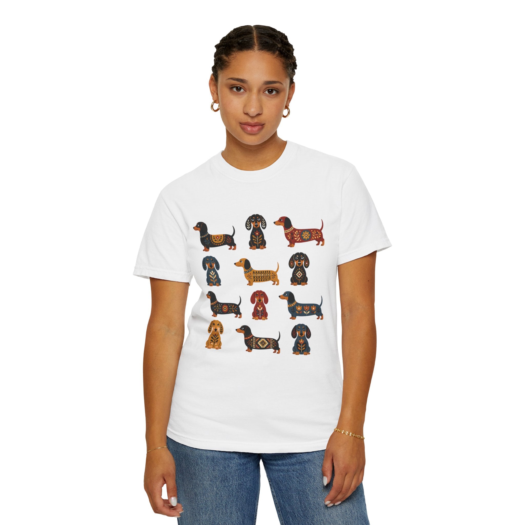 Dachshund Folk Art T-Shirt — 12 Nordic Pattern Wiener Dogs