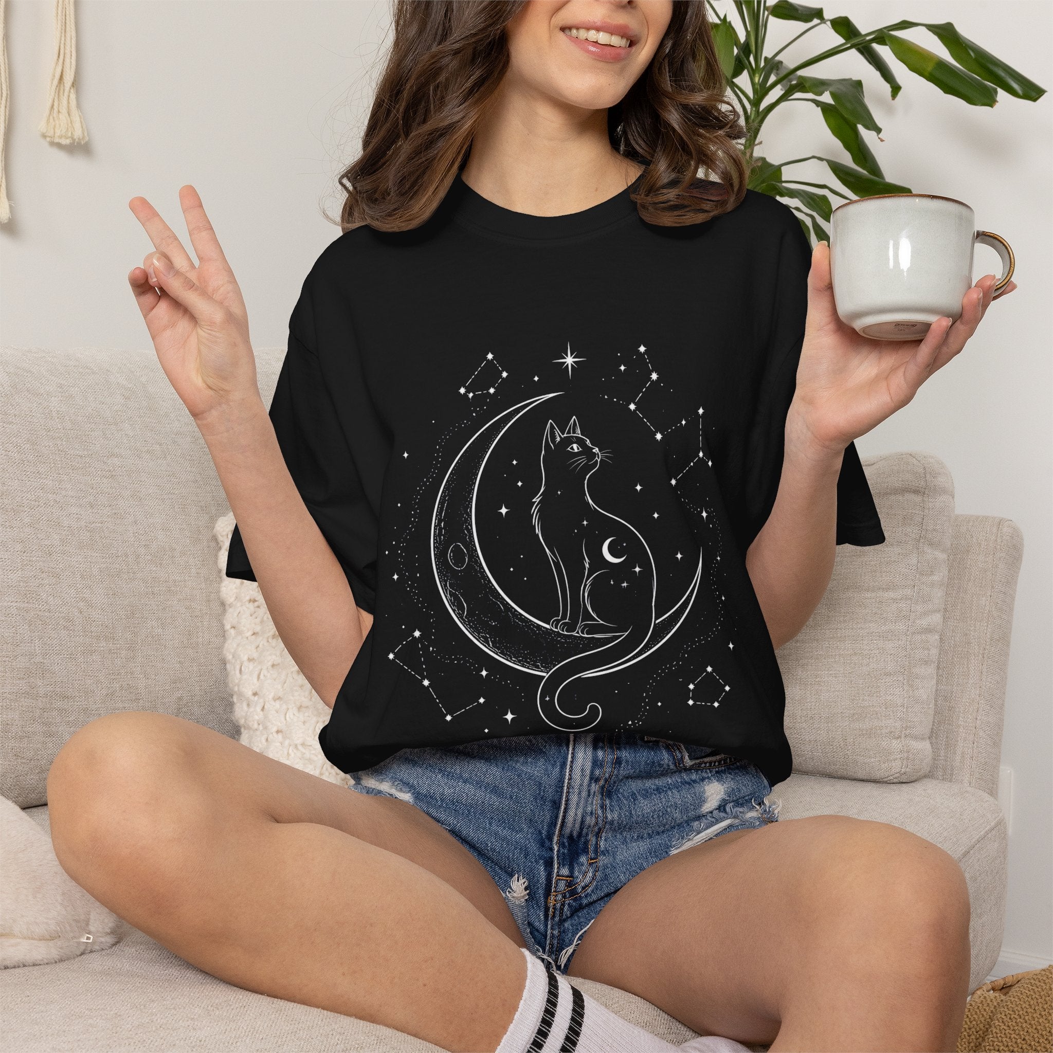 Mystical Crescent Moon Cat T-Shirt — Celestial Black Cat Night Sky Design