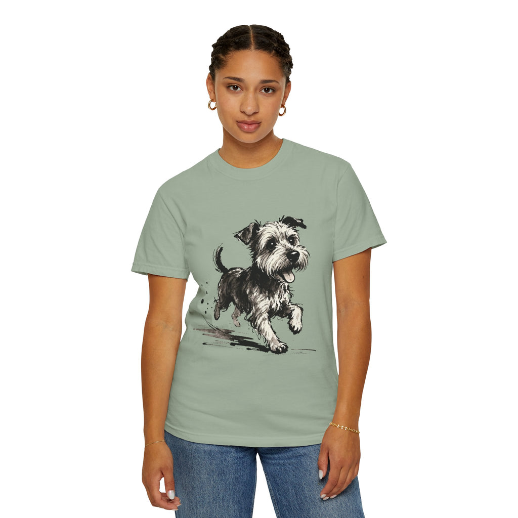 Wire‑Haired Terrier Puppy Running T-Shirt — Energetic Ink Sketch Design