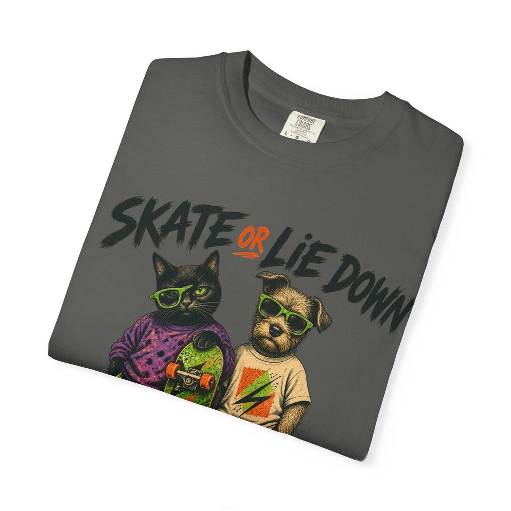 Skate or Lie Down T-Shirt — 90s Retro Skate Cat & Dog Graphic