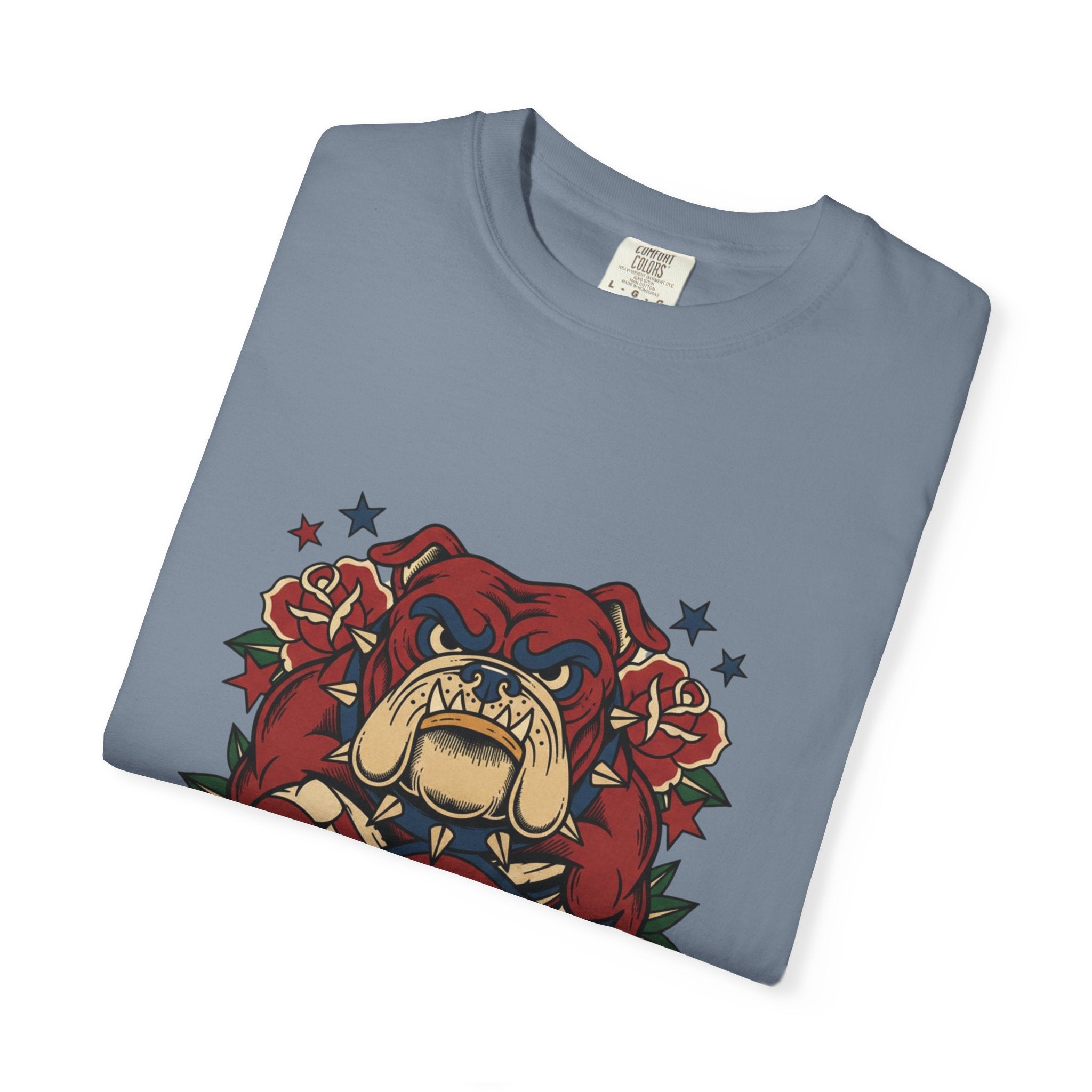 True Grit English Bulldog T-Shirt — Traditional Tattoo Rose Design