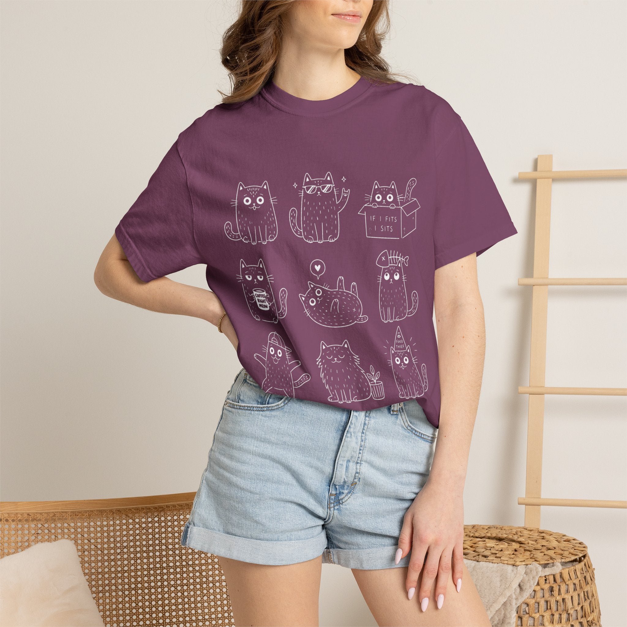 Cute Cats 3x3 Line Art T-Shirt — Funny Cat Doodles ("IF I FITS I SITS", "COFFEE RIGHT MEOW")