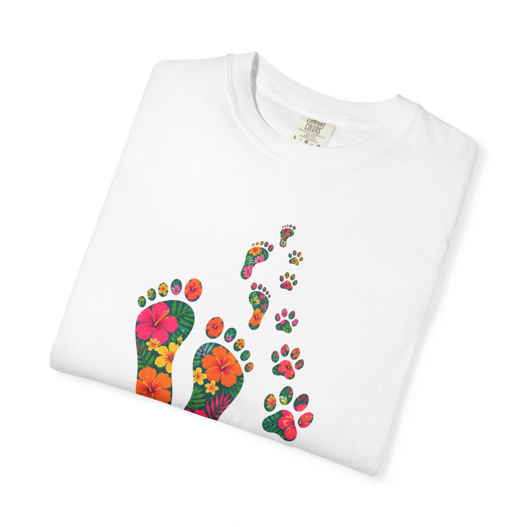 Never Walk Alone T-Shirt — Tropical Footprints & Paw Prints Graphic
