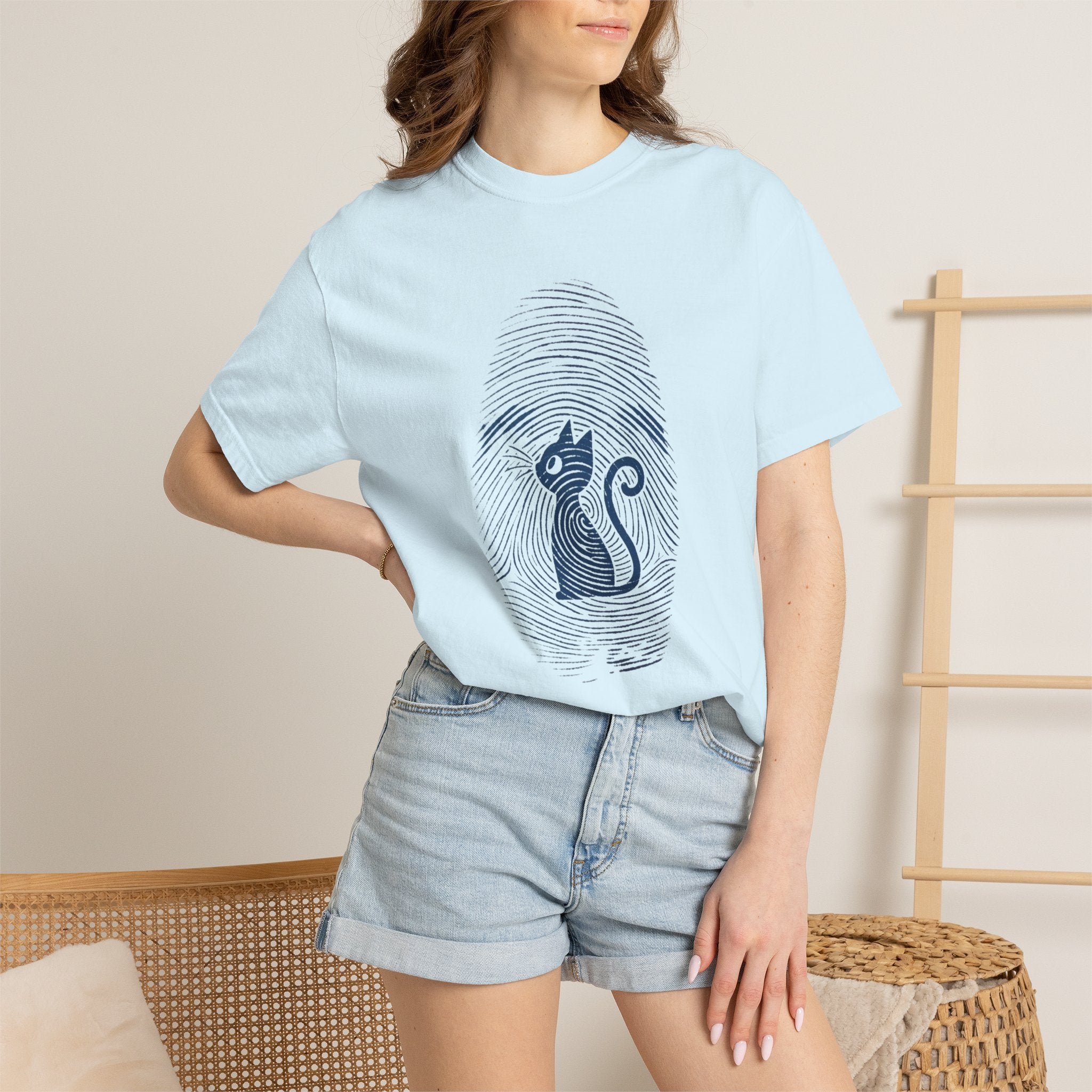 Fingerprint Cat T-Shirt — Minimal Denim Blue Graphic Tee