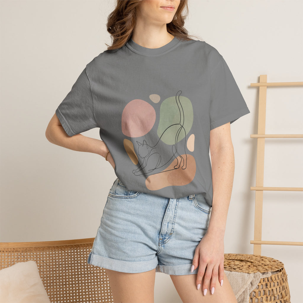 Cat Stretch Line Art T-Shirt — Minimal Boho Scandinavian Pet Graphic