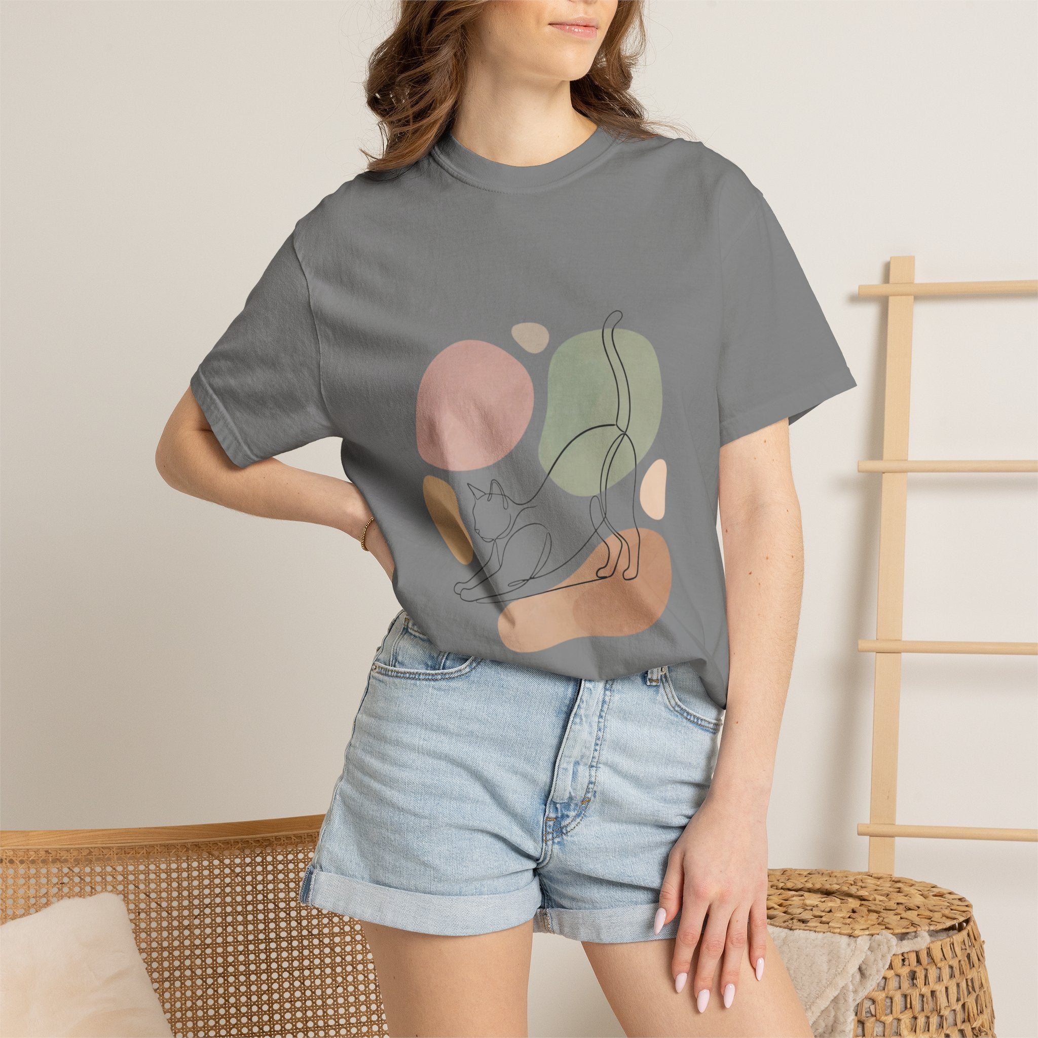 Cat Stretch Line Art T-Shirt — Minimal Boho Scandinavian Pet Graphic