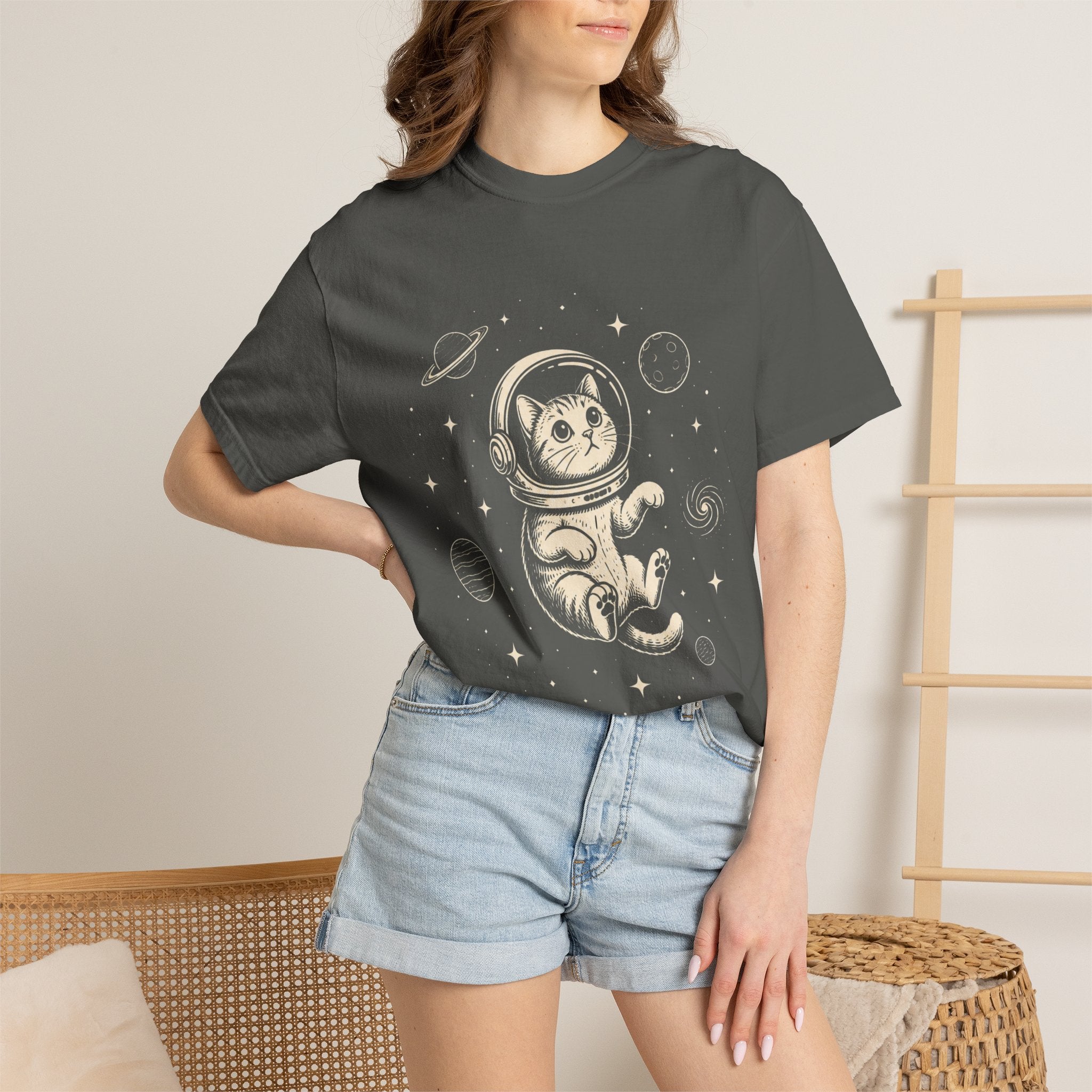 Tabby Astronaut Kitten T-Shirt — Whimsical Space Cat Line Art