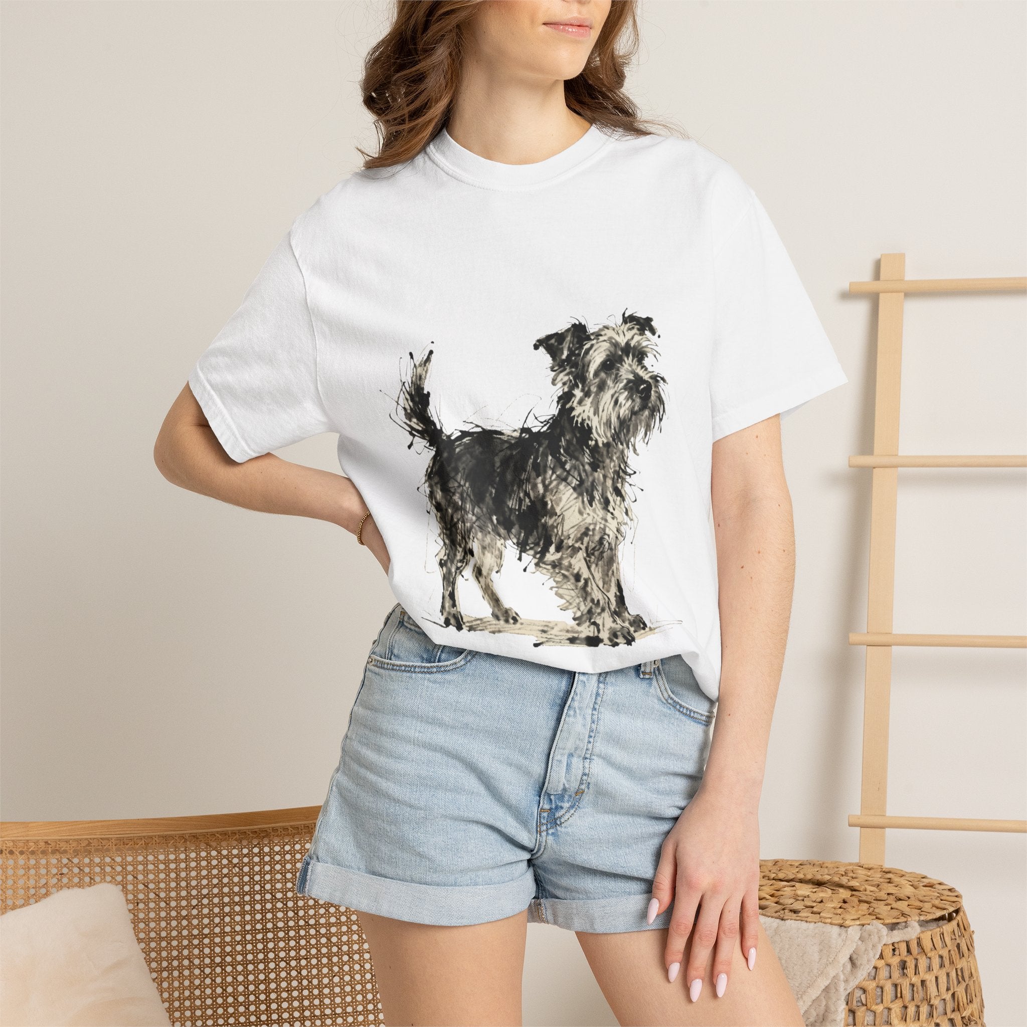 Wire-Haired Terrier Sketch T-Shirt — Monochrome Watercolor Dog Portrait