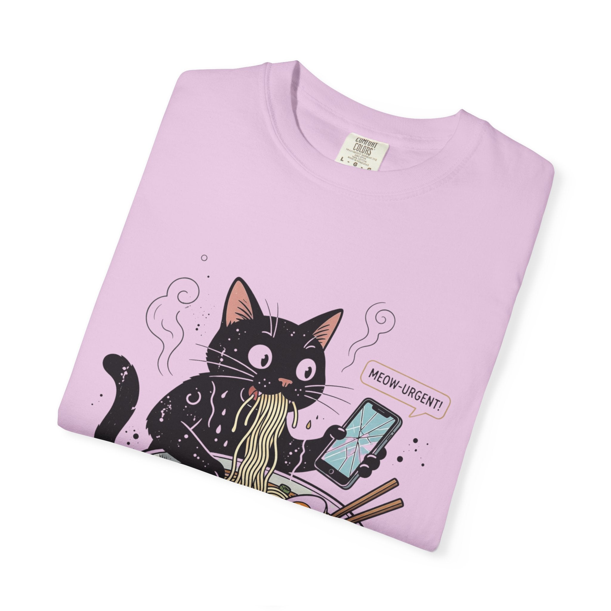 Startled Black Cat Eating Ramen T-Shirt — "MEOW-URGENT!"