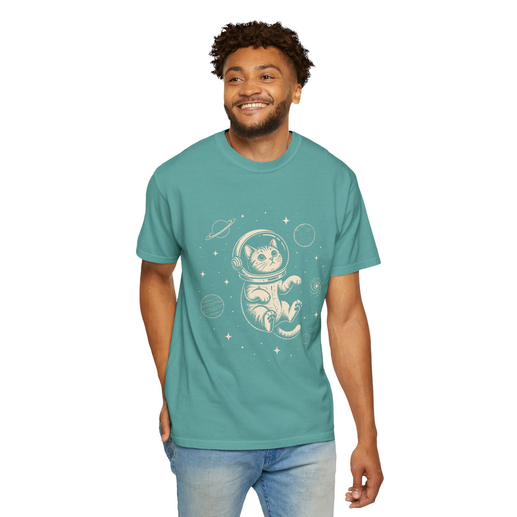 Tabby Astronaut Kitten T-Shirt — Whimsical Space Cat Line Art