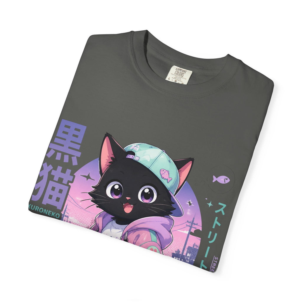 Chibi Black Cat Streetwear T-Shirt — Pastel Anime Cityscape (Kanji Accent)