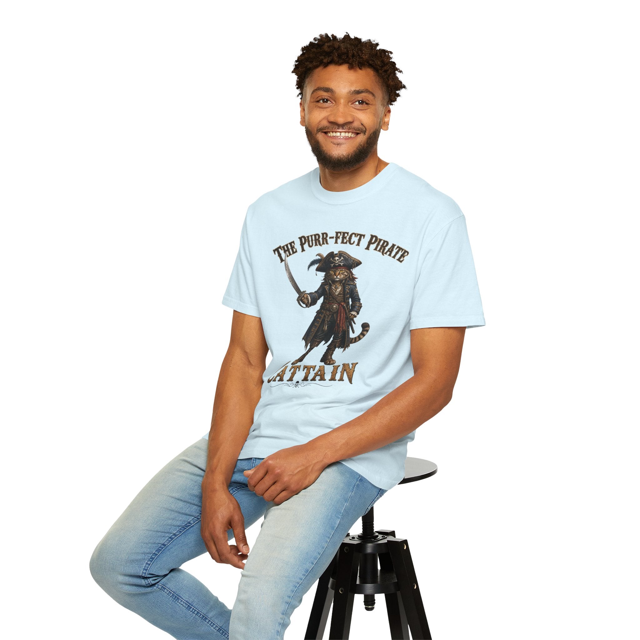 The Purr-fect Pirate Cattain T-Shirt — Tabby Cat Ship Captain Graphic