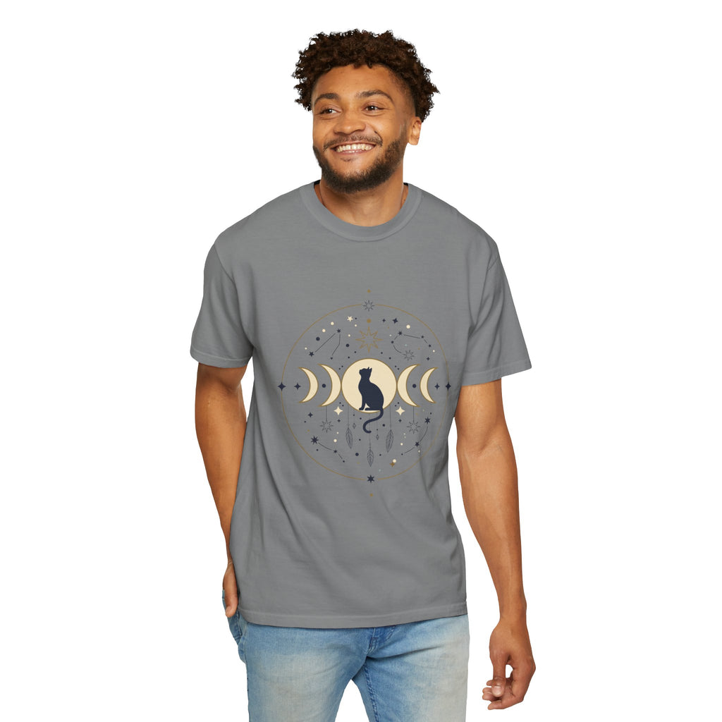 Celestial Cat Moon Phases T-Shirt — Gold & Black Cat Astronomy Tee