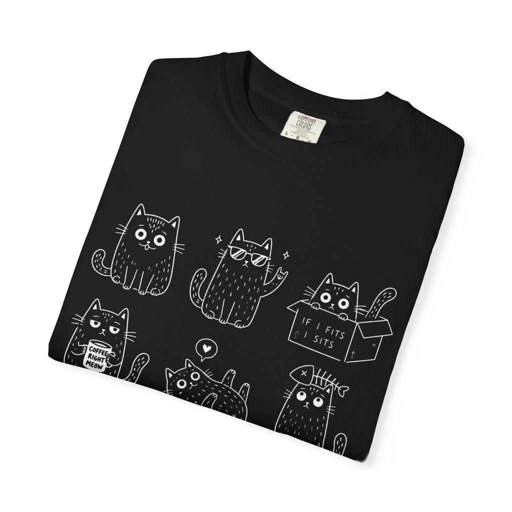 Cute Cats 3x3 Line Art T-Shirt — Funny Cat Doodles ("IF I FITS I SITS", "COFFEE RIGHT MEOW")