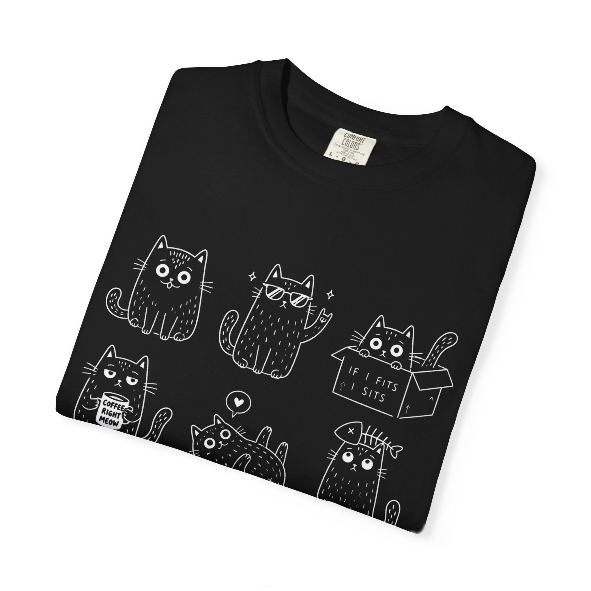 Cute Cats 3x3 Line Art T-Shirt — Funny Cat Doodles ("IF I FITS I SITS", "COFFEE RIGHT MEOW")