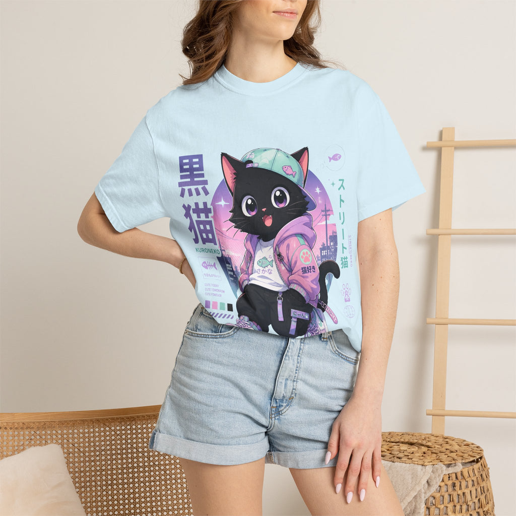 Chibi Black Cat Streetwear T-Shirt — Pastel Anime Cityscape (Kanji Accent)