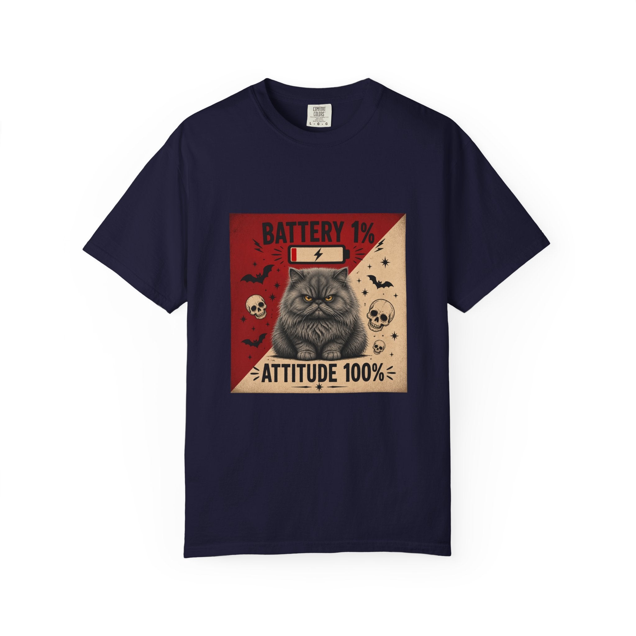 Angry Persian Cat T-Shirt — "Battery 1% / Attitude 100%" Spooky Vintage Graphic