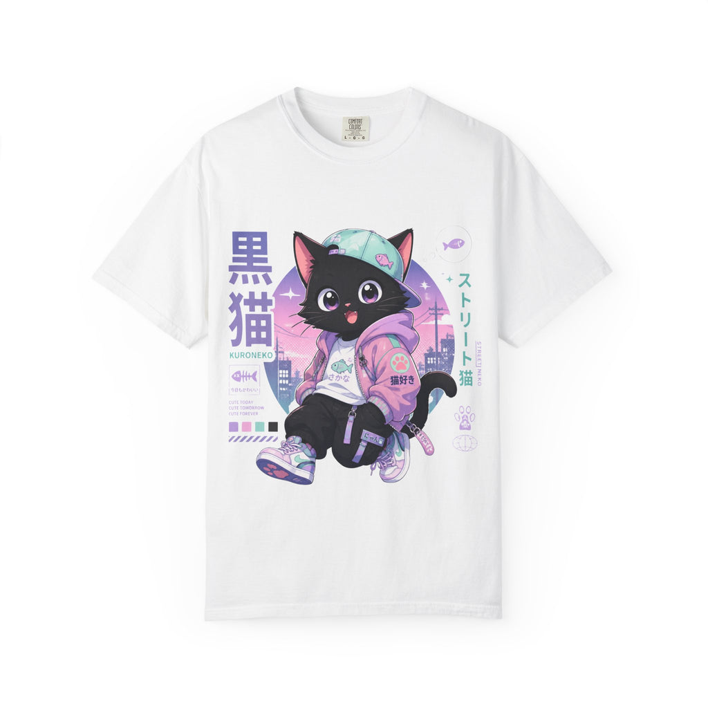 Chibi Black Cat Streetwear T-Shirt — Pastel Anime Cityscape (Kanji Accent)