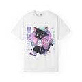 Chibi Black Cat Streetwear T-Shirt — Pastel Anime Cityscape (Kanji Accent)