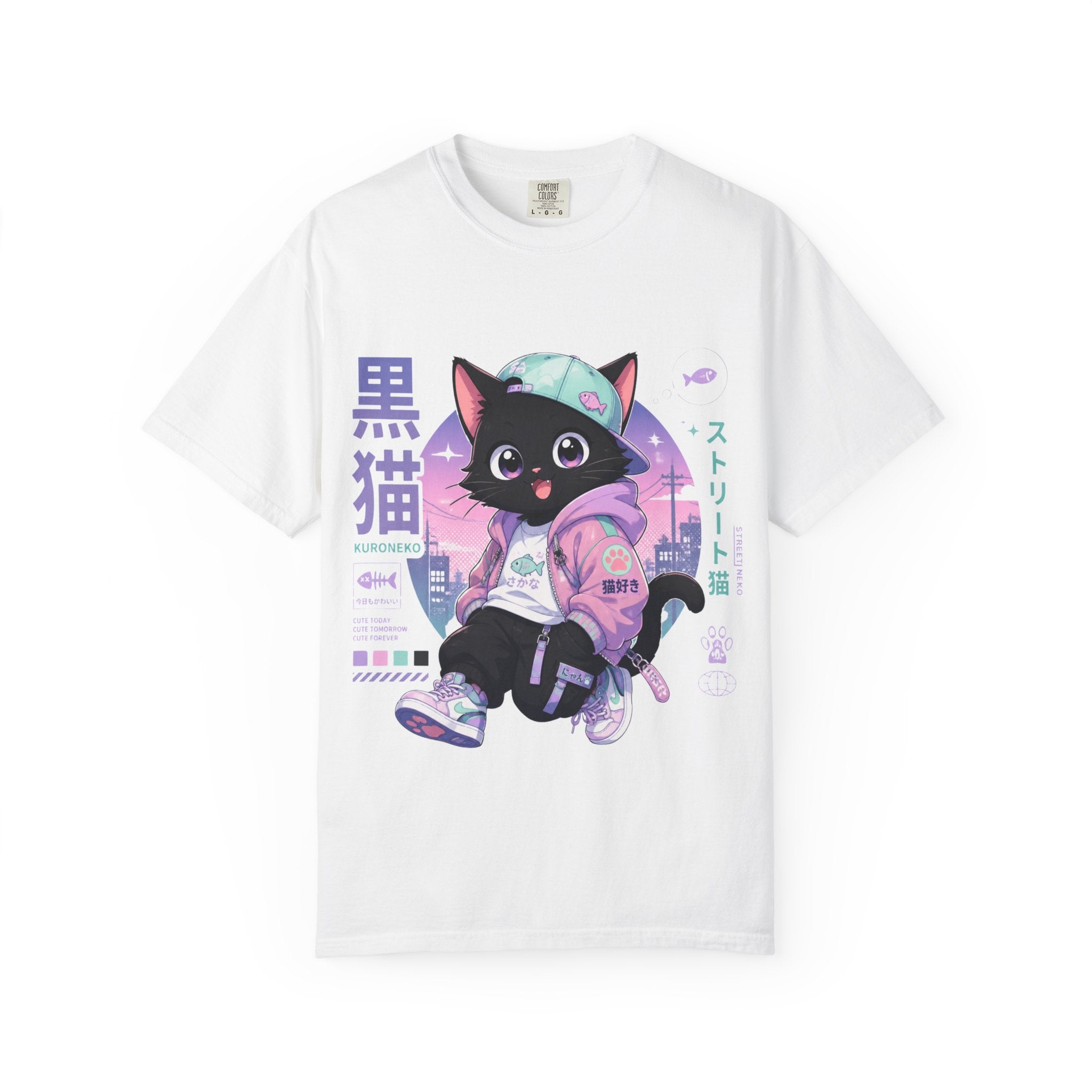 Chibi Black Cat Streetwear T-Shirt — Pastel Anime Cityscape (Kanji Accent)