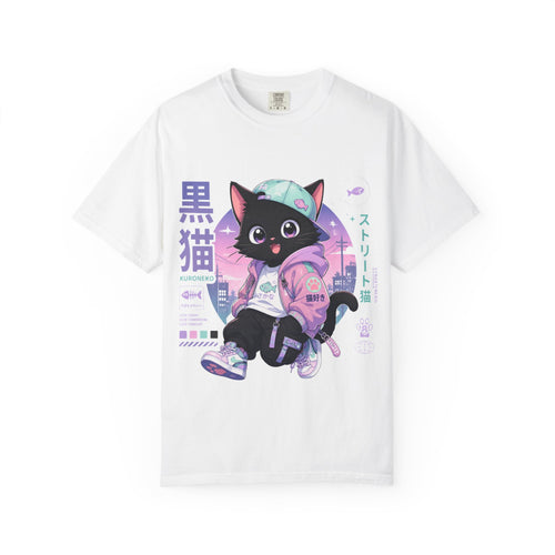 Chibi Black Cat Streetwear T-Shirt — Pastel Anime Cityscape (Kanji Accent)