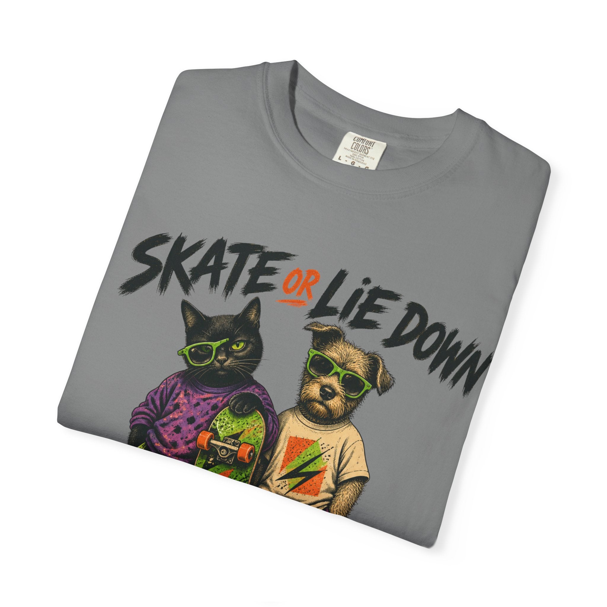 Skate or Lie Down T-Shirt — 90s Retro Skate Cat & Dog Graphic