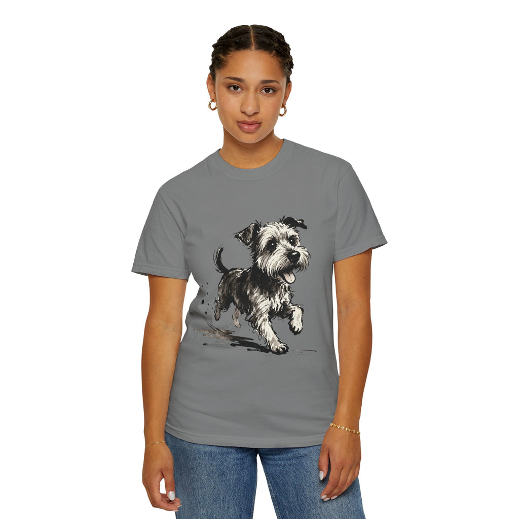 Wire‑Haired Terrier Puppy Running T-Shirt — Energetic Ink Sketch Design