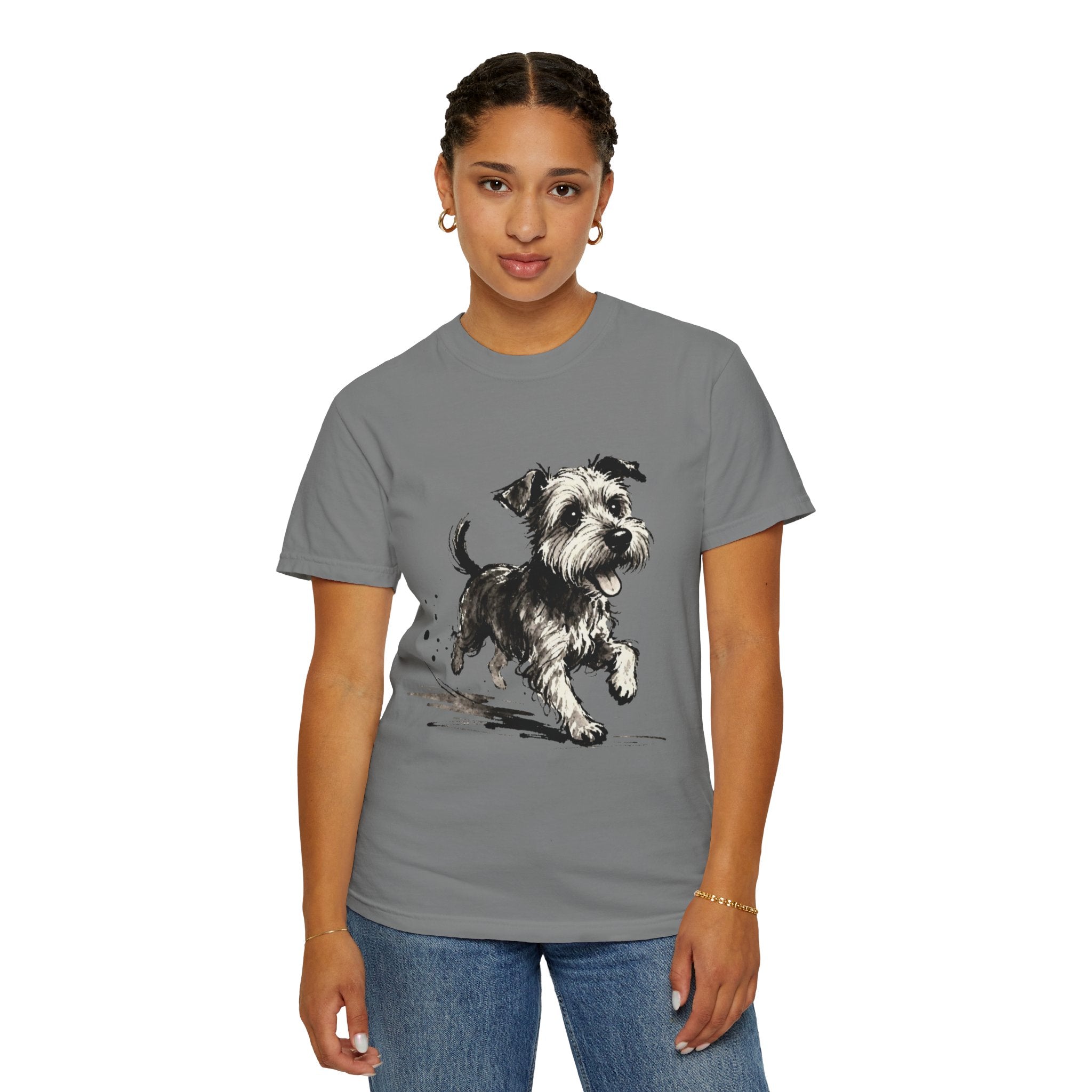 Wire‑Haired Terrier Puppy Running T-Shirt — Energetic Ink Sketch Design
