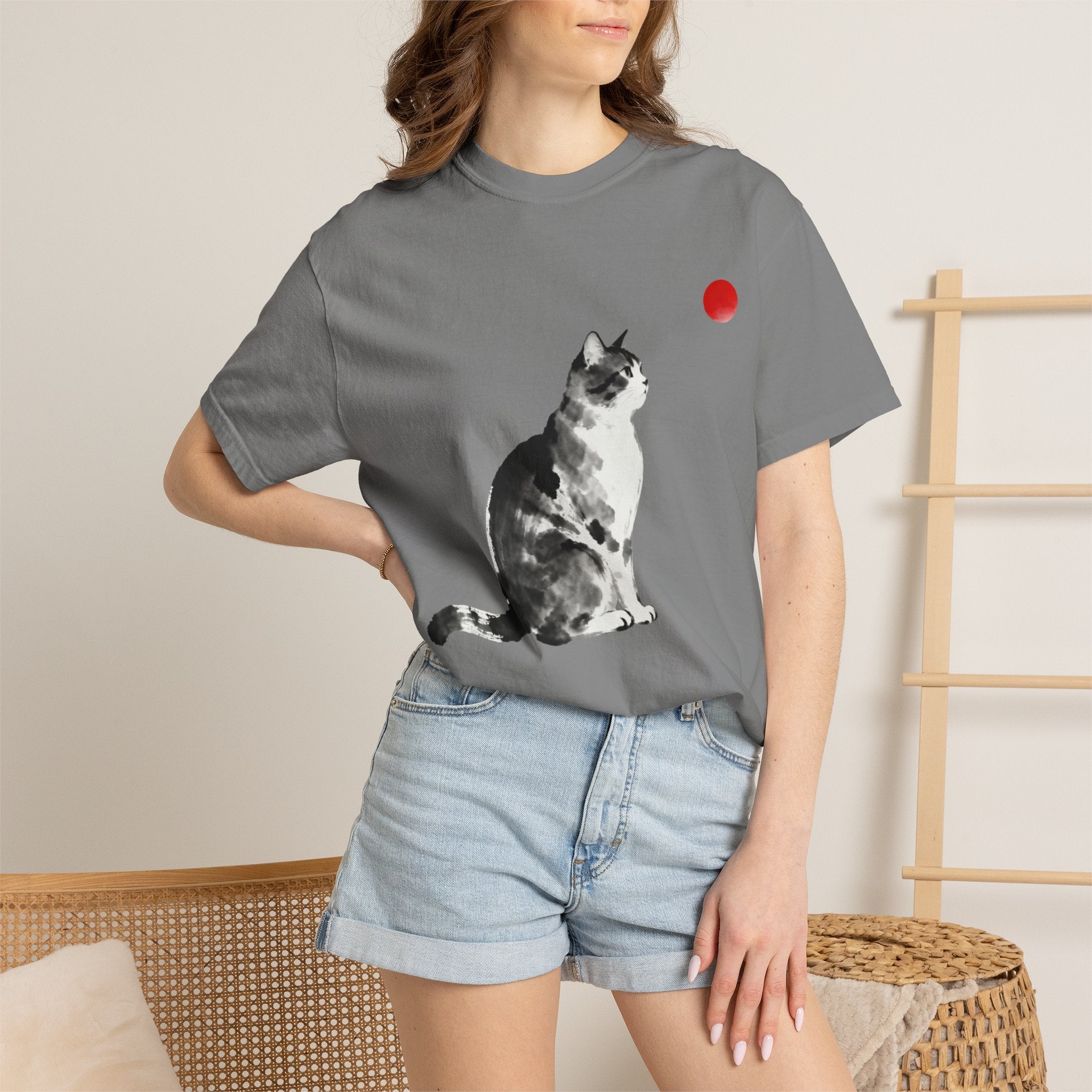 Sumi-e Tabby Cat T-Shirt — Minimalist Japanese Ink Wash Design