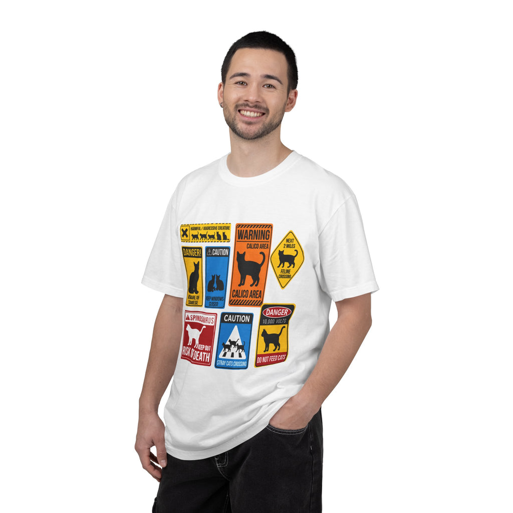 Cat Warning Signs Graphic T-Shirt — Humorous Multi-Panel Cat Hazard Tee