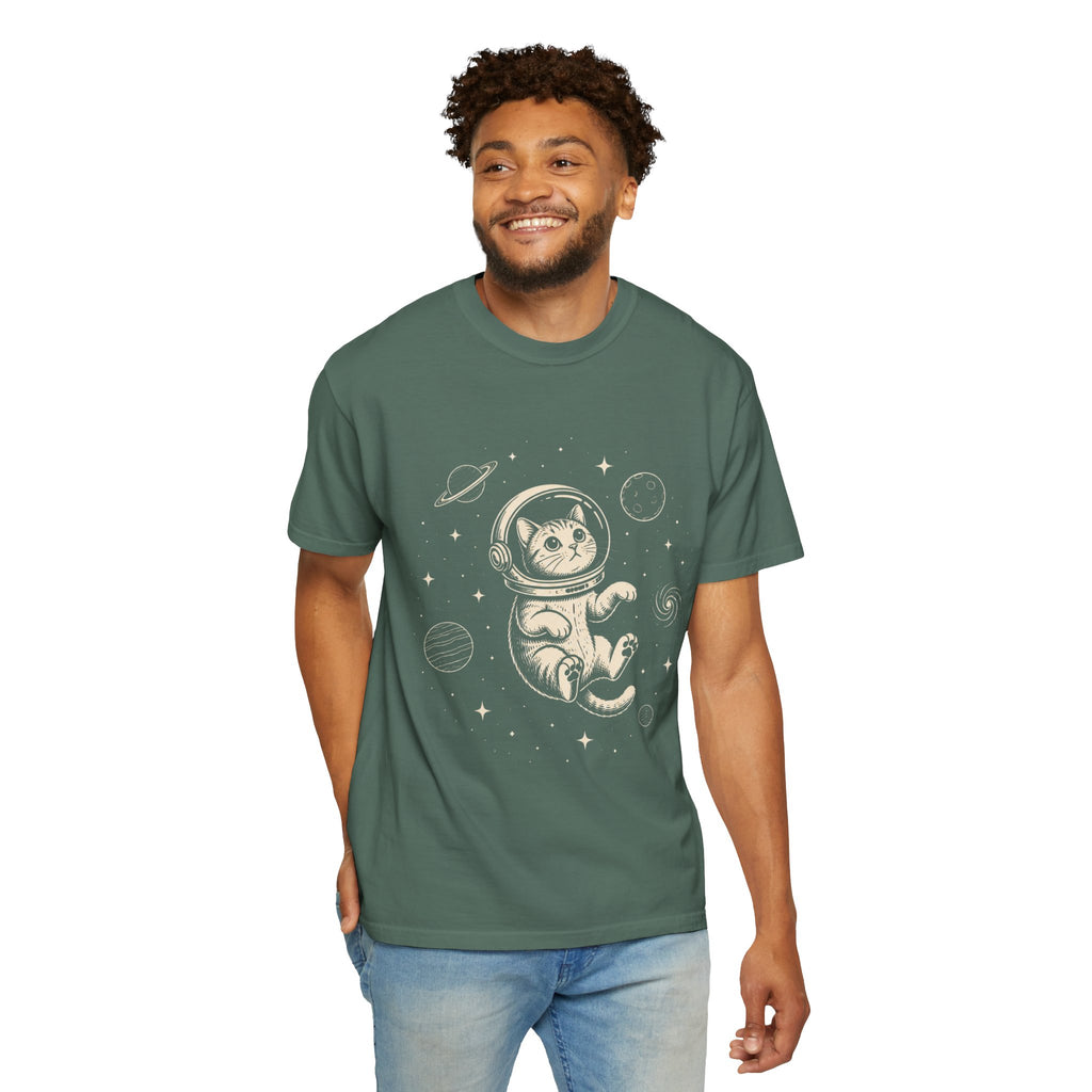Tabby Astronaut Kitten T-Shirt — Whimsical Space Cat Line Art