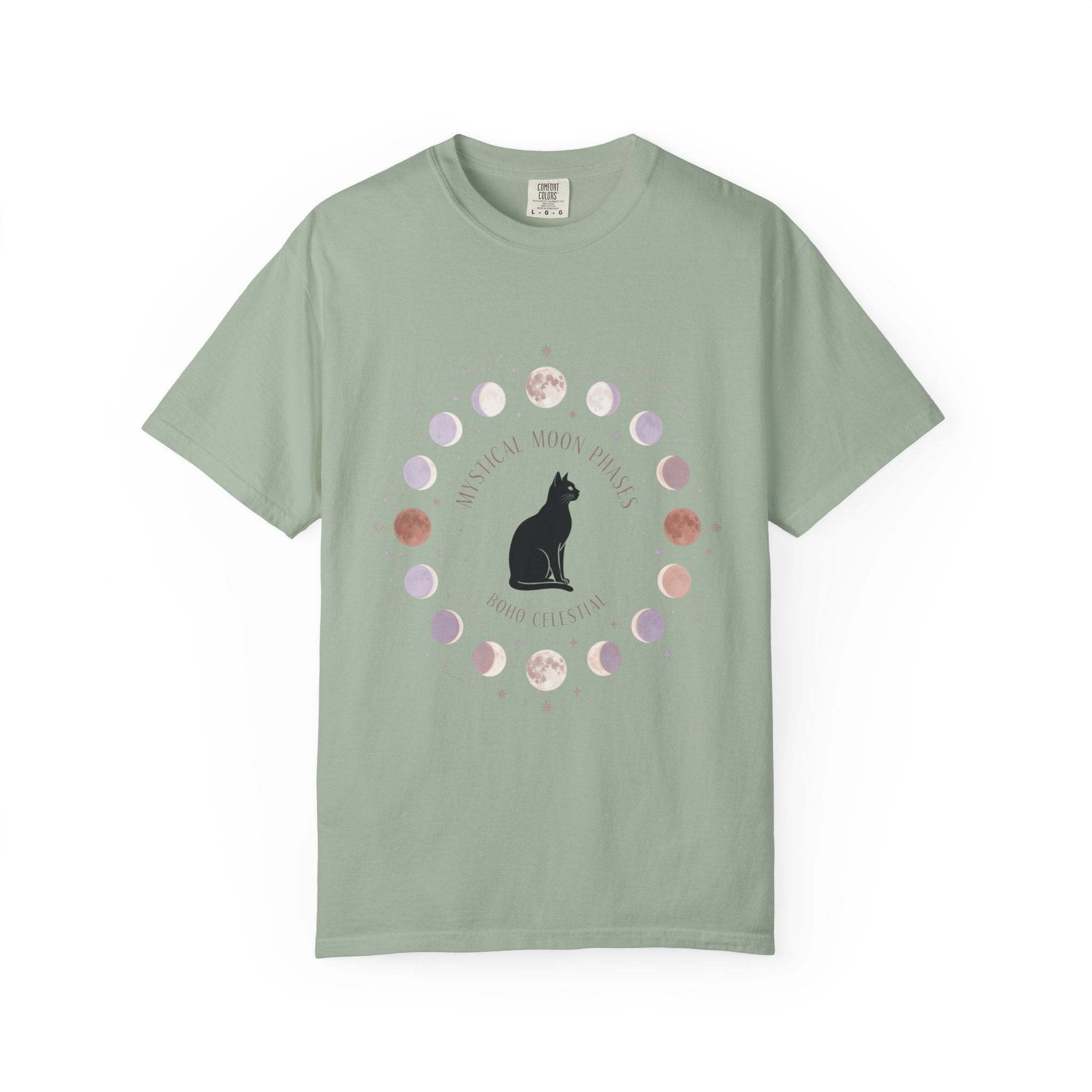 Mystical Moon Phases Boho Celestial T-Shirt — Black Cat Moon Phase Design