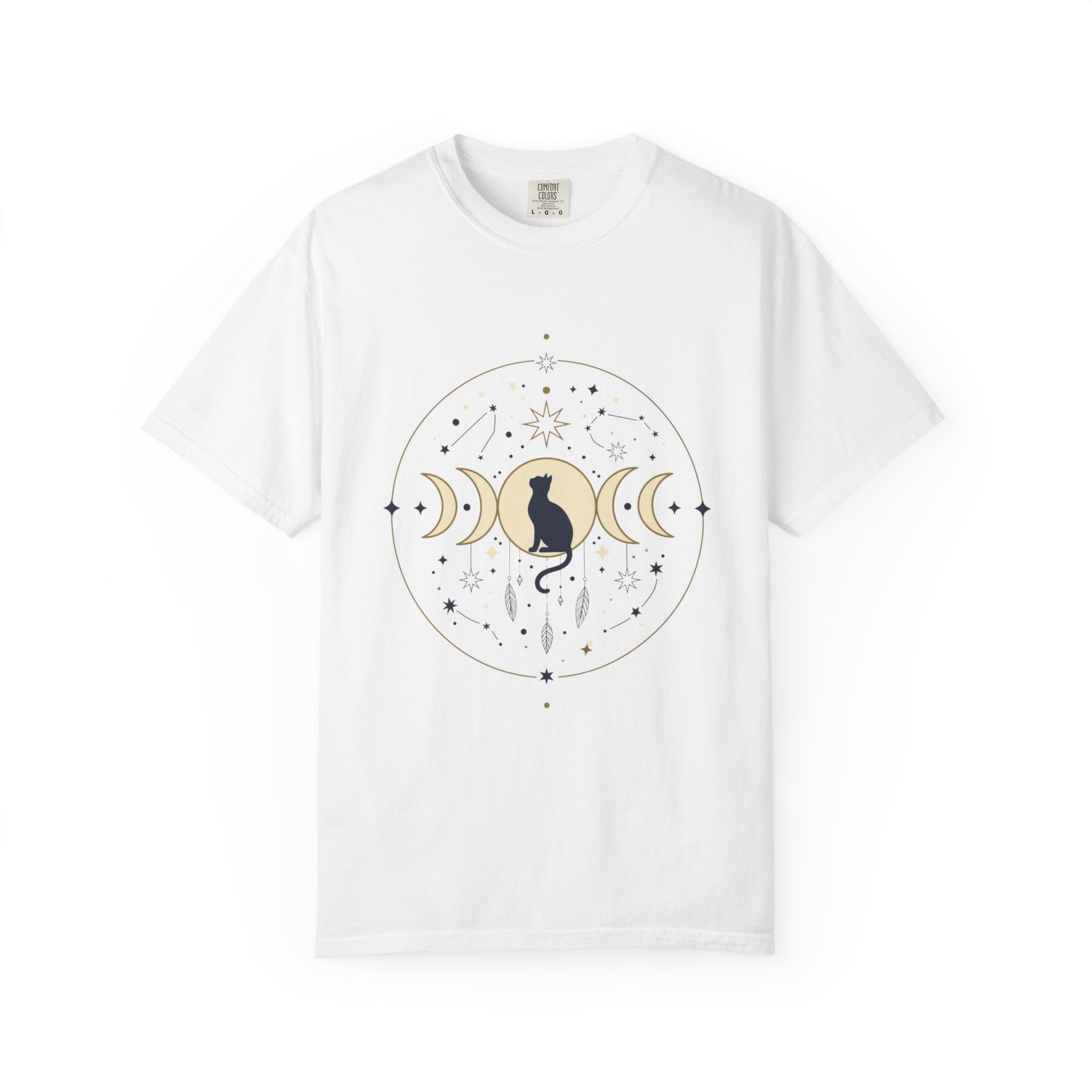 Celestial Cat Moon Phases T-Shirt — Gold & Black Cat Astronomy Tee