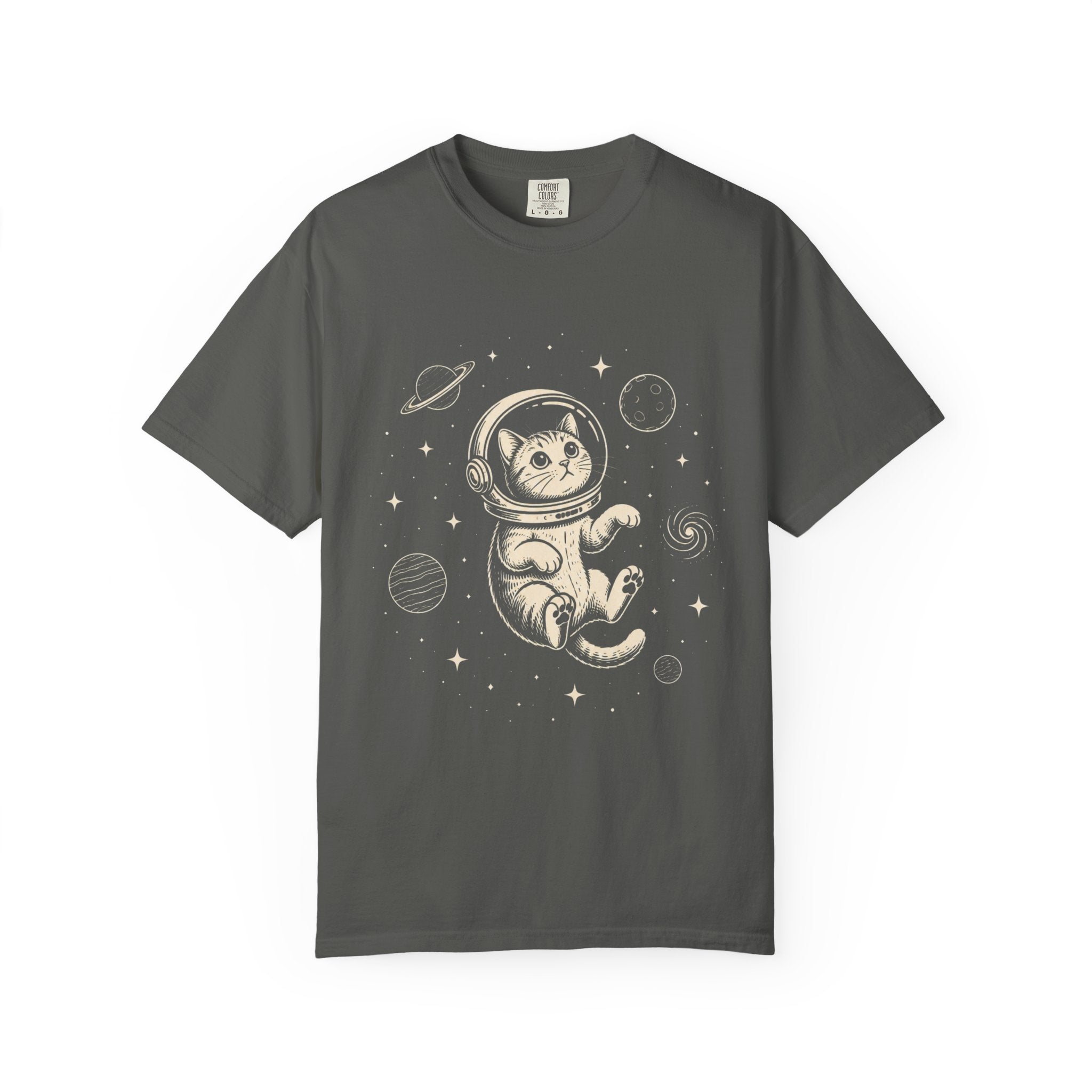 Tabby Astronaut Kitten T-Shirt — Whimsical Space Cat Line Art