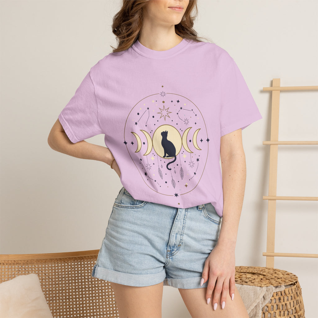 Celestial Cat Moon Phases T-Shirt — Gold & Black Cat Astronomy Tee