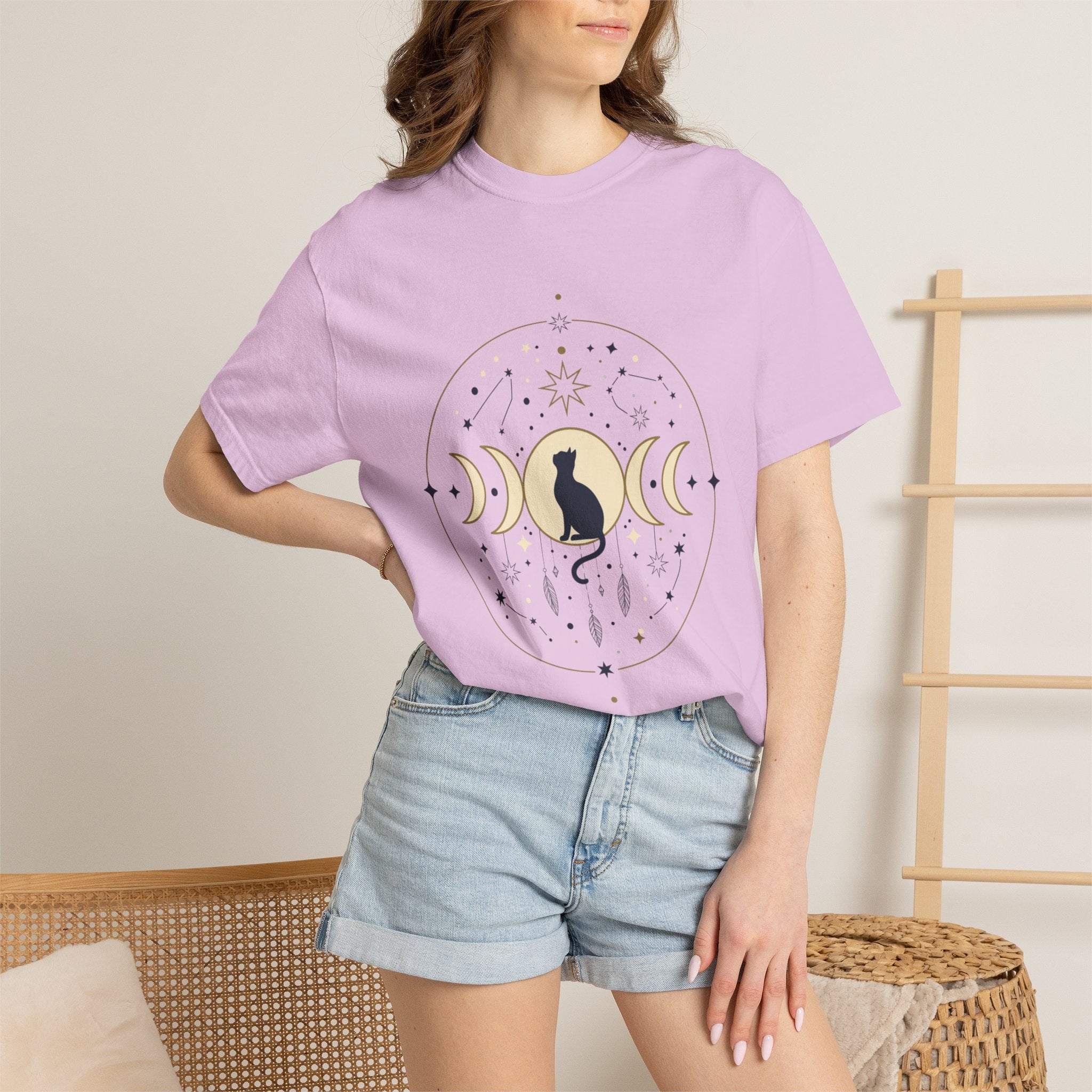 Celestial Cat Moon Phases T-Shirt — Gold & Black Cat Astronomy Tee
