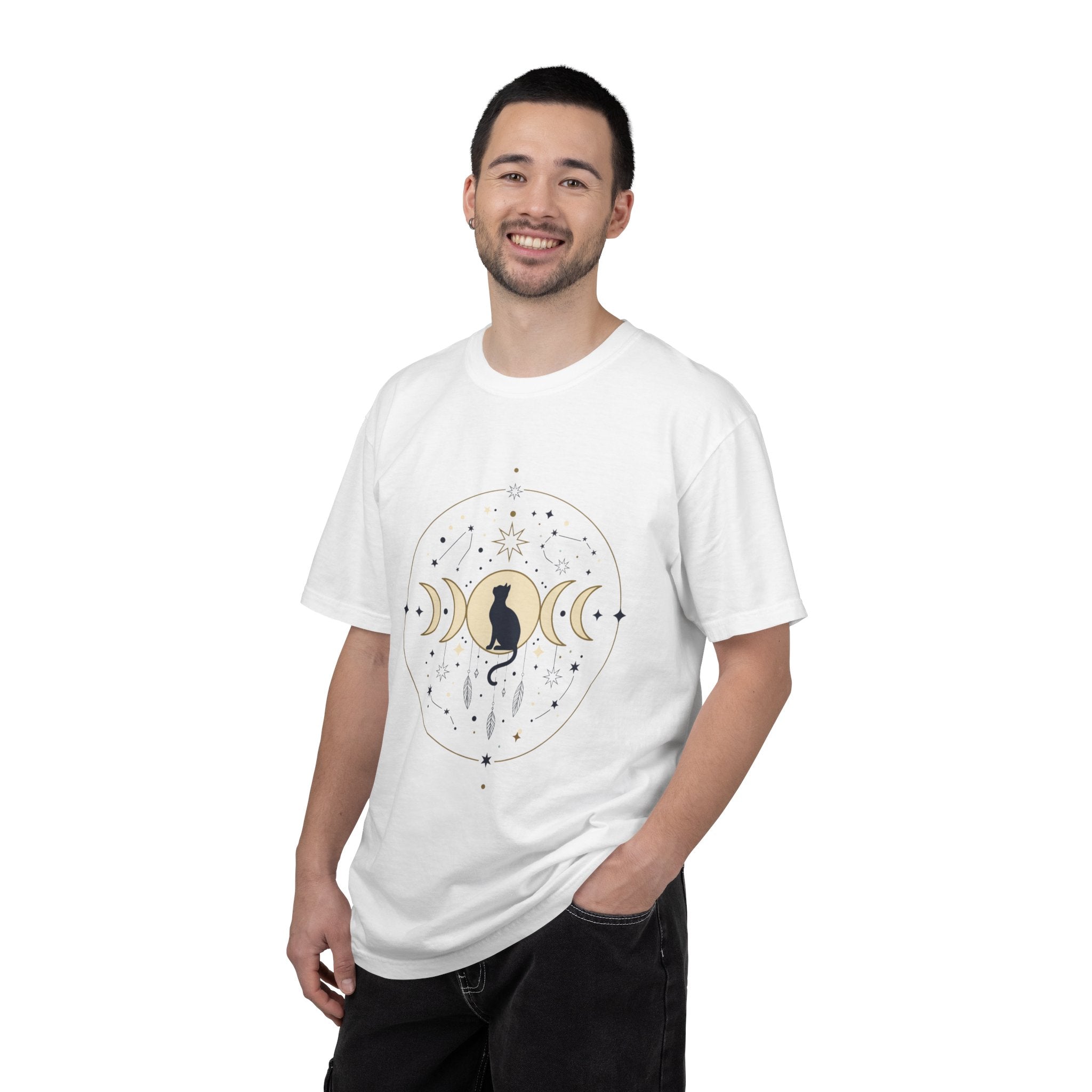 Celestial Cat Moon Phases T-Shirt — Gold & Black Cat Astronomy Tee