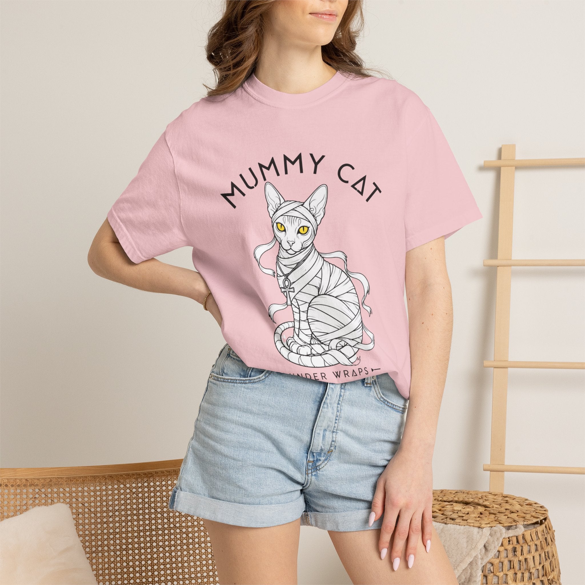 Mummy Cat T-Shirt — Sphynx Mummy Cat with Ankh, "UNDER WRAPS"