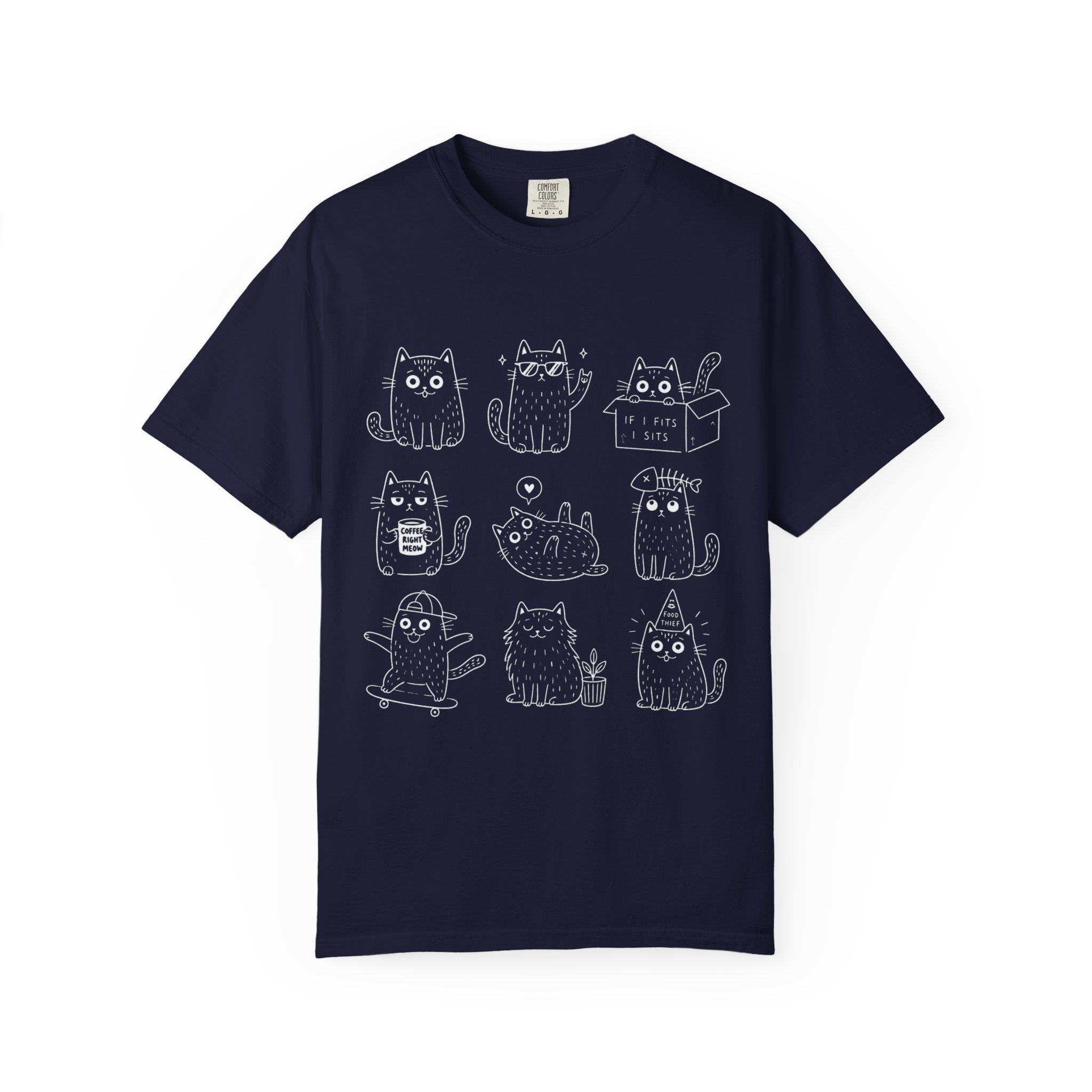 Cute Cats 3x3 Line Art T-Shirt — Funny Cat Doodles ("IF I FITS I SITS", "COFFEE RIGHT MEOW")