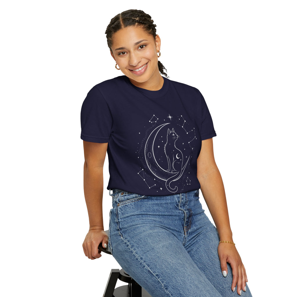 Mystical Crescent Moon Cat T-Shirt — Celestial Black Cat Night Sky Design