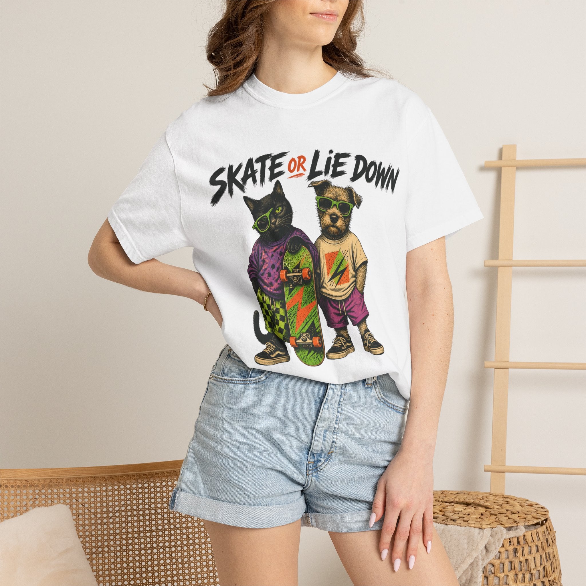 Skate or Lie Down T-Shirt — 90s Retro Skate Cat & Dog Graphic
