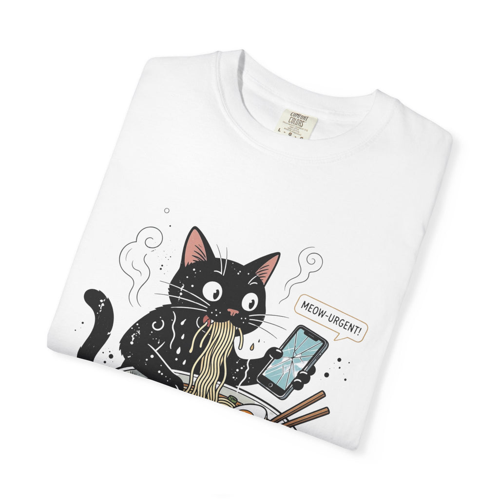 Startled Black Cat Eating Ramen T-Shirt — "MEOW-URGENT!"