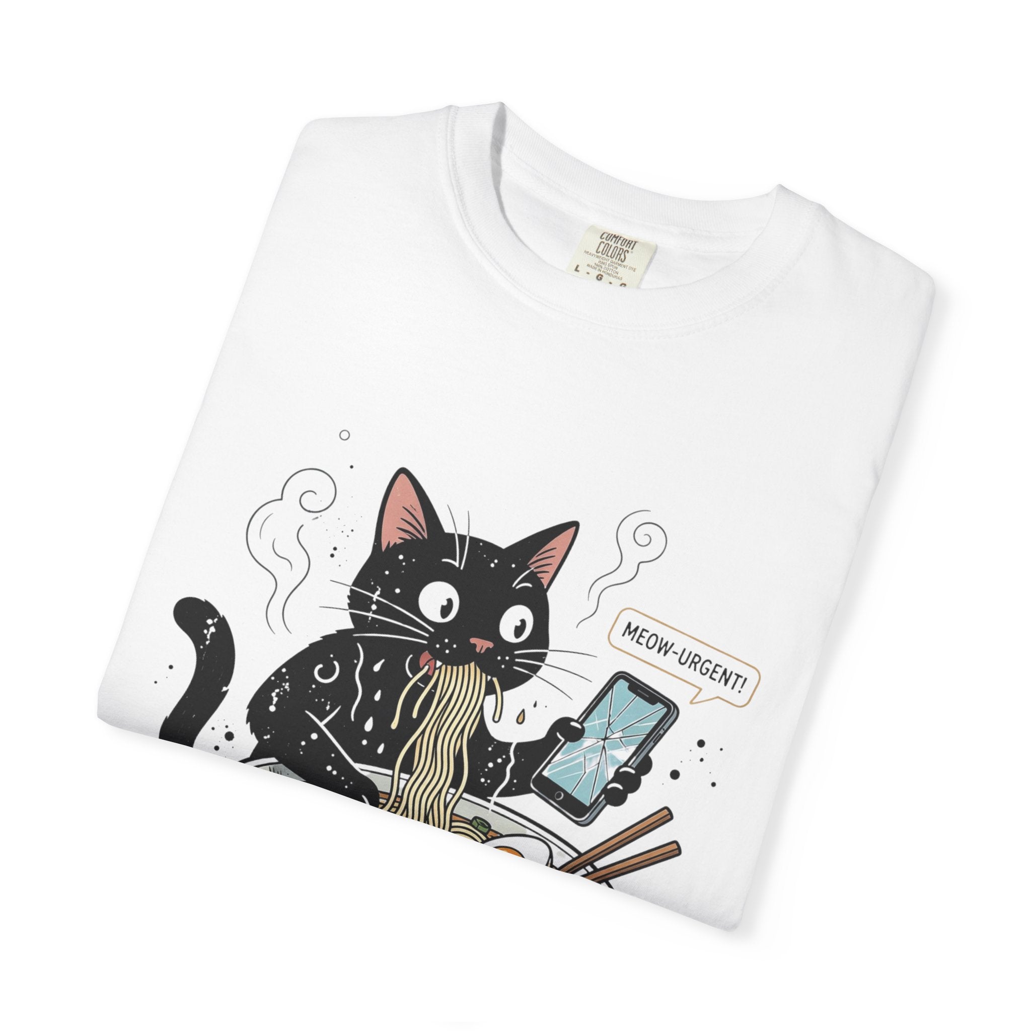 Startled Black Cat Eating Ramen T-Shirt — "MEOW-URGENT!"